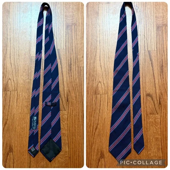 Burberrys navy blue silk tie with red and light blue stripes - Picture 5 of 11